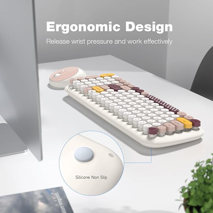 Wireless Keyboard and Mouse Combo - GEEZER Pale Milkwhite Colorful Round Keycap Keyboard 100 Keys - USB 2.4G Receiver Plug Play Typewriter Keyboards for Windows, PC, Laptop, Desktop