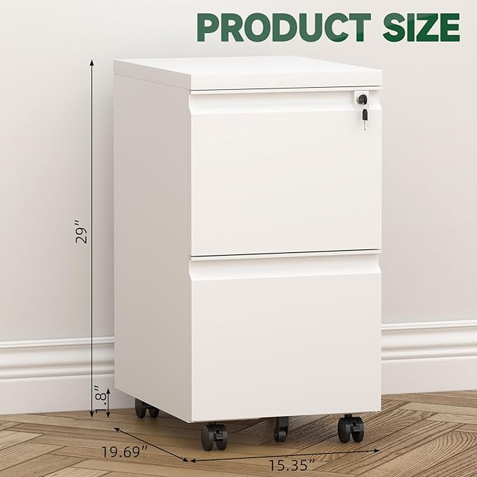 2 Drawer File Cabinet on Wheels,29" H White Filing Cabinet with Lock,Under Desk Metal File Cabinet for Home Office Organizer Letters/Legal/A4(Assembly Required)