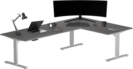 Progressive Desk Stand Up Height Adjustable Standing Desk - L Shaped 83" x 55" Corner Computer Rising Workstation Electric Table - Gray Frame, Gray Oak Top