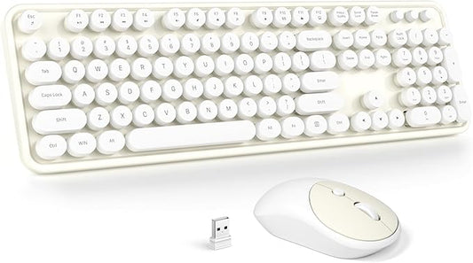 Wireless Keyboard and Mouse Combo - GEEZER Cream-White Full-Sized Colorful Keyboard 104 Keys - USB 2.4 G Receiver Plug and Play with Round Keycap Typewriter Keyboards, for Windows, PC, Laptop, Desktop