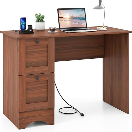 Tangkula Computer Desk with Drawers & Charging Station, Wooden Home Office Desk PC Laptop Notebook Desk, Compact Study Desk Writing Desk, Computer Workstation Ideal for Home & Office