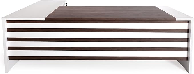 Leon 87" Wood Executive Large Desk for Home Office | Executive Right Side L Shaped Corner Desk & File Drawers w/Telescopic Rail | Modern Business Furniture | White & Brown