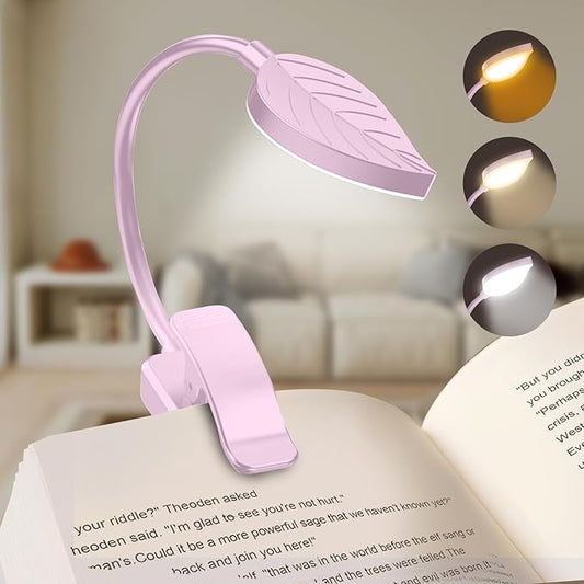 Rechargeable Book Lights for Reading at Night - Eye,3 Color Temperatures,3 Brightness Levels,Flexible Goose Neck Clip on Light,Reading Lights for Books in Bed with Power Indicator Bookworms (Pink)