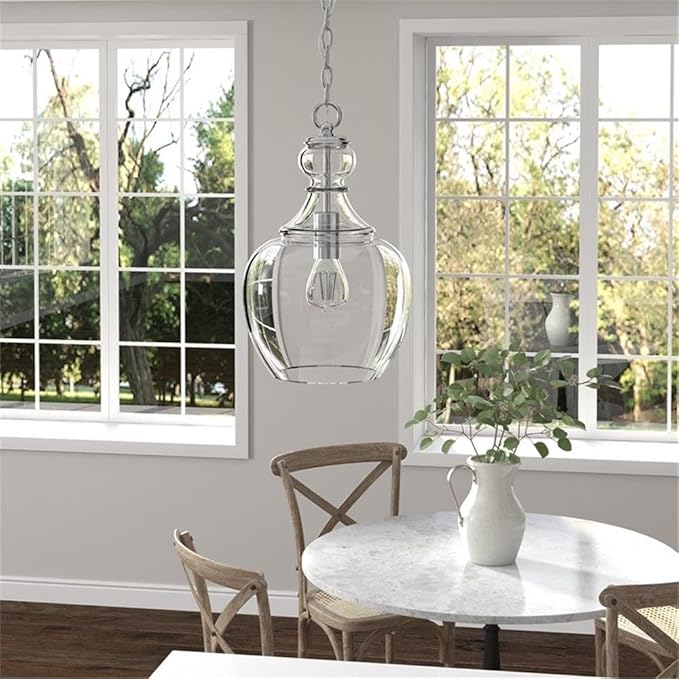 Henn&Hart 11" Wide Pendant with Glass Shade in Brushed Nickel/Clear, Pendant, Flush Mount Ceiling Light Fixture for Kitchen, Living Room