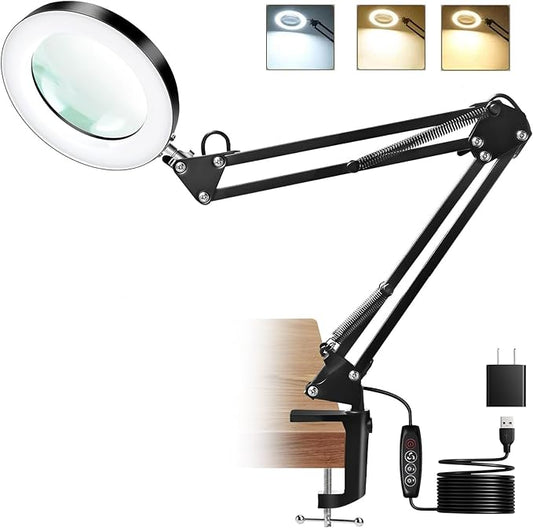 10X Magnifying Glass with Light and Clamp, Real Glass Lens Magnifier Lamp with 3 Color Modes & 270° LED Light, Dimmable Hands-Free Desk Clamp Lamp for Crafts, Reading, Painting, Repairing