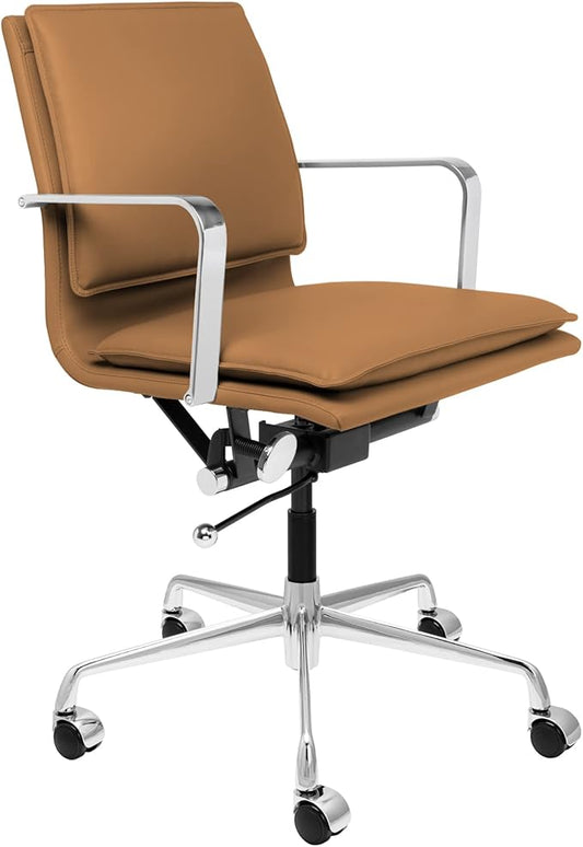Laura Davidson Furniture Lexi II Padded Office Chair - Mid Back Desk Chair with Arm Rest, Swivel & Cushion Availability, Made of Faux Leather, Tan, Computer Chair