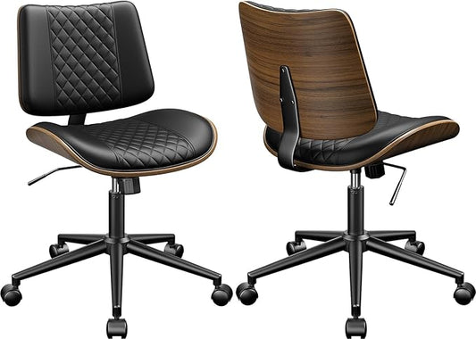Home Office Chair with Wheels Set of 2, Armless Desk Chair Adjustable Height with Lumbar Support, Swivel Rolling, Modern Walnut Backrest for Office, Small Space, Black, Lozenge Pattern
