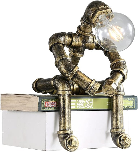 Water Pipe Table Lamp Robot Style- Retro Industrial Table Light- Antique Steampunk Metal Desk Lamp Bedside Lighting Fixture for Office, Reading Kids Room, Cafe Bar (Bronze-Style C)