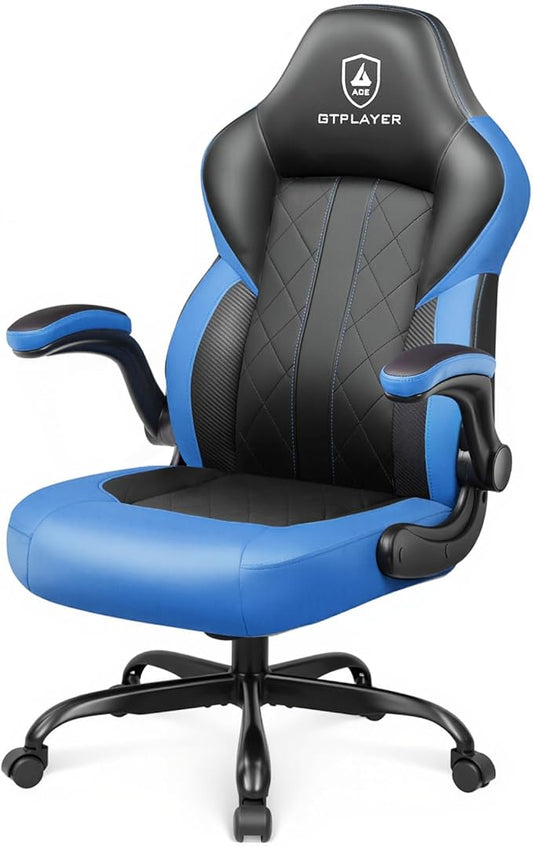 GTPLAYER Video Gaming Chair, Ergonomic Computer Gaming Chair with Flip-Up Armrests and Adjustable Height, Comfortable Desk Chairs with Built-in Lumbar Support, Recliner with 360°Swivel (Blue)