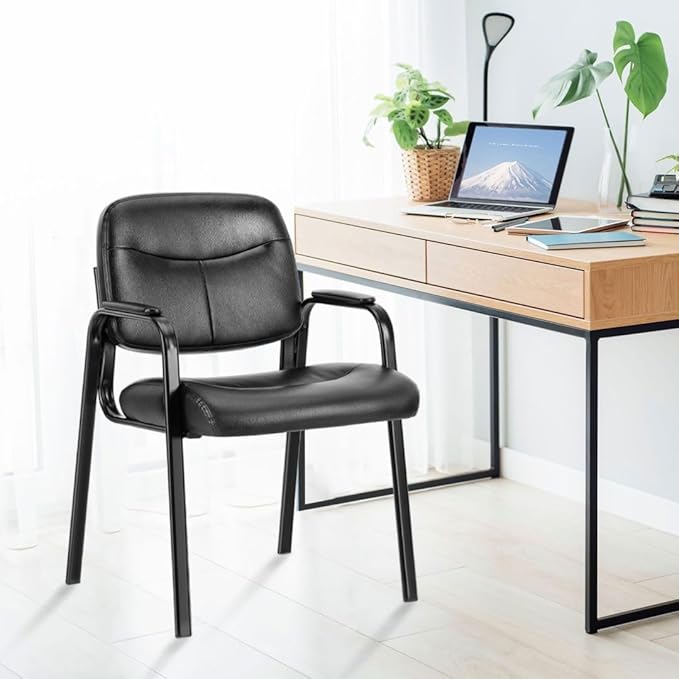 Reception Chairs, Leather Conference Room with Padded Arms and No Wheels for Professional Office Meeting Spaces and Guest Seating，Black-2 Pack