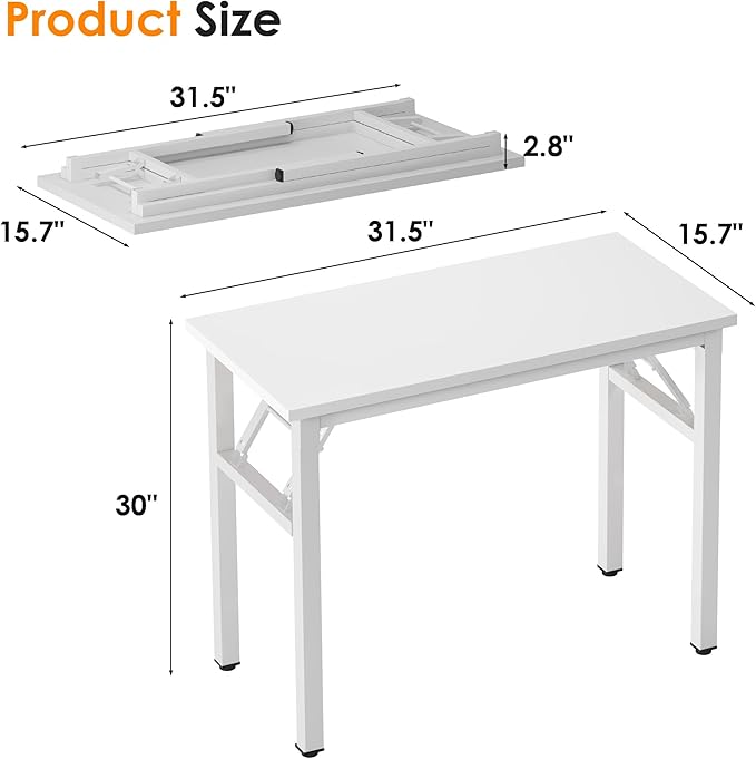 sogesfurniture Modern Foldable Computer Desk 31.5 inches, Small No Assembly Sturdy Laptop Workstation for Home Office, Portable Folding Study Table Writing Gaming Desk for Small Spaces, White