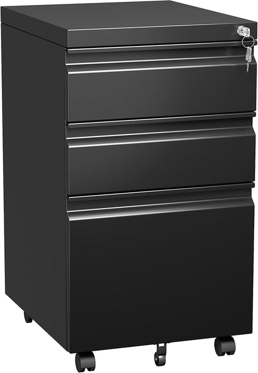SUXXAN 3 Drawer Under Desk Mobile File Cabinet with Lock, Metal Storage Cabinet for Office & Home, Legal/Letter Size, Fully Assembled Except Wheels, Black