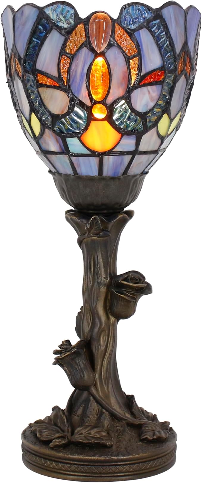 Small Tiffany Lamp Mini Stained Glass Table Lamp Blue Liaison Accent Desk Uplight W6 H13.5 Inch Bronze Resin Base