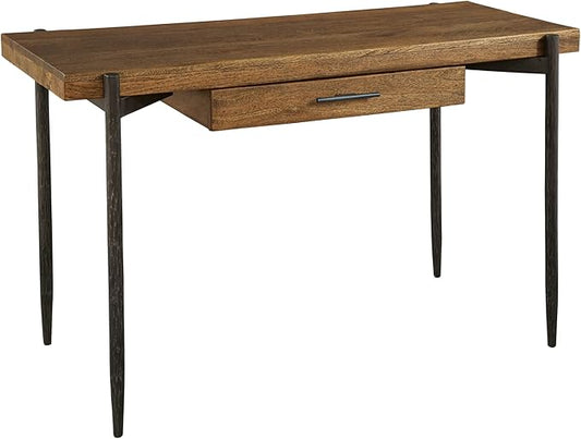 Hekman Home Office Desk and Writing Desk - Special Reserve Bedford Finish, Single Center Drawer, Select Solids Wood, Wrought Iron Base, Tapered Legs, Modern Home Office Furniture Study Table, Vintage