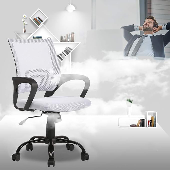 Office Chair Mid Back Desk Chair1 Ergonomic Mesh Computer Gaming with Larger Seat, Executive Height Adjustable Swivel Task with Lumbar Support Armrest for Women Adults Women, Men White