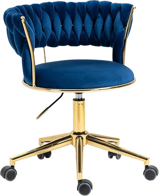Home Office Chair with Hand Woven, Velvet Upholstered Desk Chair with Open Back, 360° Swivel & Height Adjustable Task Chair, Ergonomic Office Chair with Gold Base (Navy)