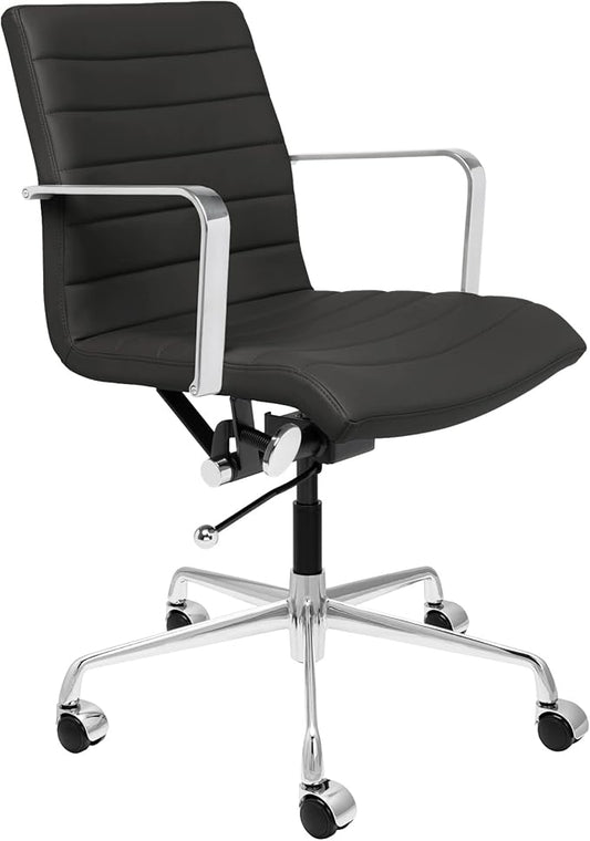 Laura Davidson Furniture SOHO II Ribbed Office Chair - Mid Back Desk Chair, Ergonomically Designed with Arm Rest & Swivel, Made of Faux Leather, Black, Computer Chair