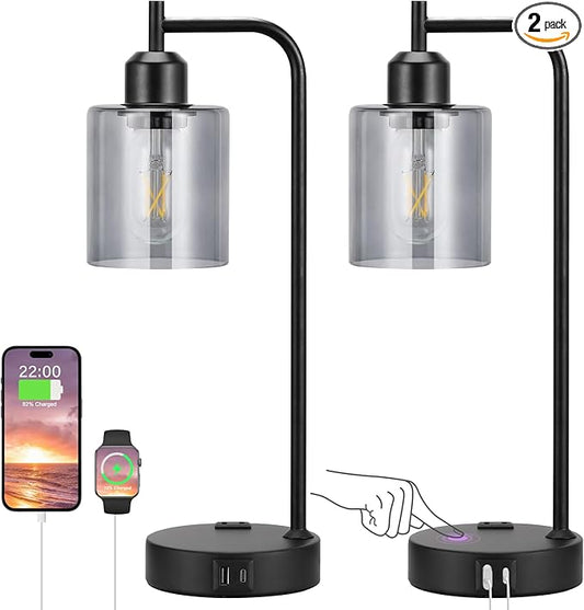 Innqoo Industrial Touch Bedroom Lamps for Bedrooms Set of 2-3-Way Dimmable Table Lamps with USB C+A Ports and Outlet, Bedside Lamps with Gray Glass Shade for Living Room, Desk Lamps for Home Office