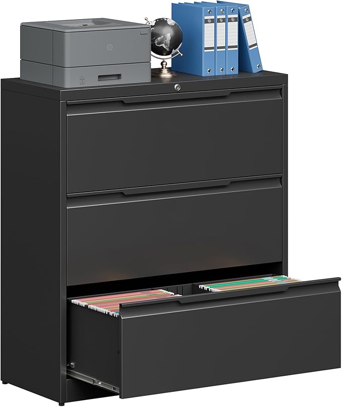 Coolsun Lateral File Cabinet, 3 Drawer File Cabinet with Lock, Wide Filing Cabinet for Home Office, Metal Locking Cabinet for Hanging A4/F4/Letter/Legal, Assembly Required (Black, 3 Drawer)
