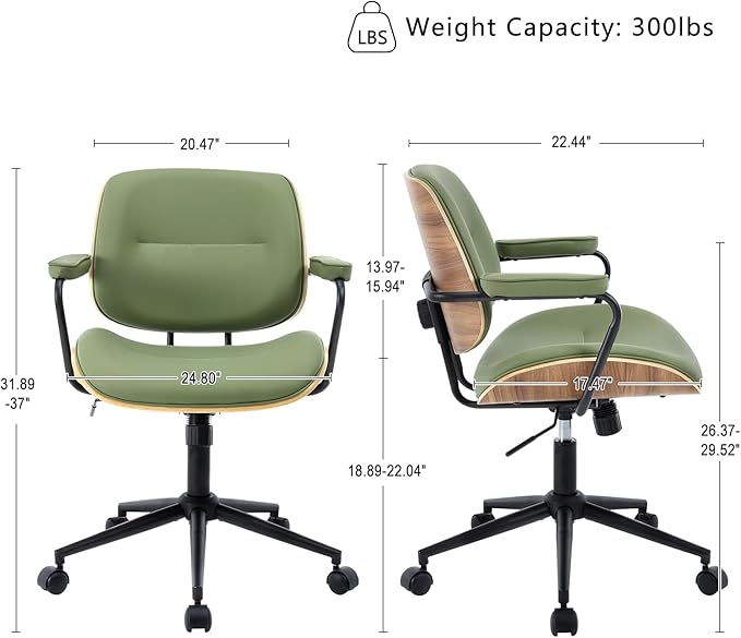 BV Mid Century Modern Office Chair Set of 1, Swivel Rolling Deak Chair with Armrests and Walnut Back, Adjustable Desk Chair for Home Office, Green