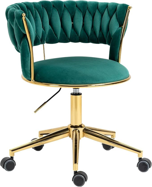 NIOIIKIT Velvet Office Desk Chair with Hand Woven Backrest, 360° Swivel & Height Adjustable Task Chairs, Makeup Chair, Living Room Chairs with Stainless Base and 5 Wheels (Emerald)