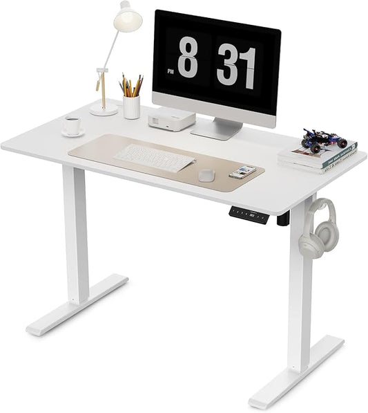 40x24 Inches Height Adjustable Electric Standing Desk with 2 Hooks for Home Office, Ergonomic Sit Stand up Desk with Splice Board, White