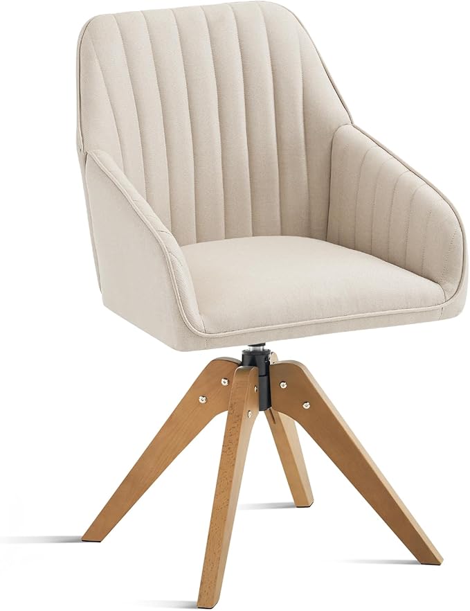 Furniliving Mid Century Modern Swivel Accent Chair for Living Room, Wood Desk Chair with Arms Mid Back Arm Chairs Upholstered Vanity Chair No Wheels for Home Office/Bedroom, Faux Linen Beige