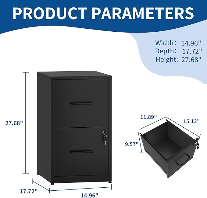 2-Drawer Locking Vertical File Cabinet, Metal Storage Cabinet for Office/Home – Secure Vertical Filing for Letter/Legal/A4/F4 Documents, Easy to Assemble Steel Cabinet