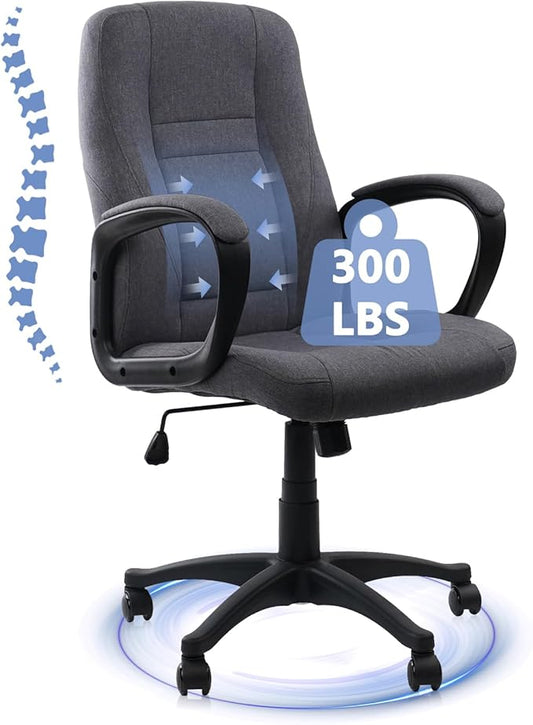 CLATINA Grey Cloth Breathable Fabric Office Desk Chair, Adjustable Height Mid Back Support Swivel Chairs Ergonomic with Arms and Wheels Comfortable Upholstered,300 LBS