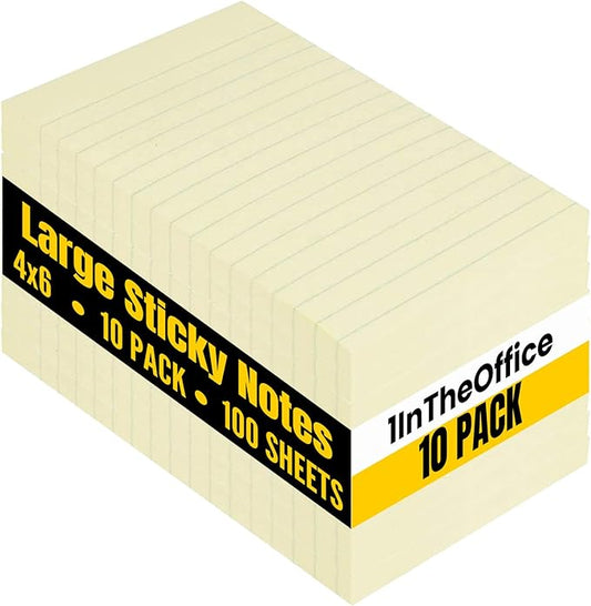 1InTheOffice Large Sticky Notes, Lined Sticky Notes 4x6, Yellow Note Pads, Self-Stick Strong Adhesive Memo Pads, 100-Sheet, (10/Pack)