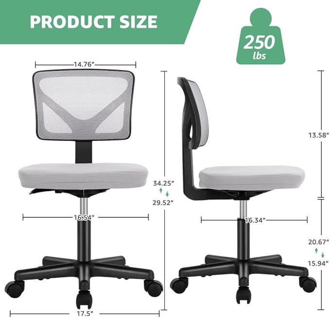 Armless Mesh Office Chair, Ergonomic Low Back Deskchair, Adjustable Rolling Task Computer Swivelchairs for Small Spaces Home Bedroom Study, Gray