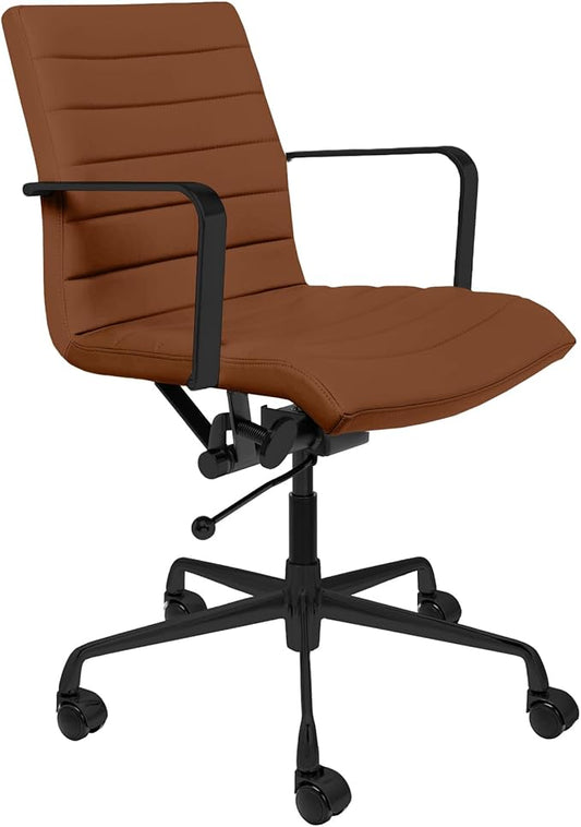 Laura Davidson Furniture SOHO II Ribbed Office Chair - Mid Back Desk Chair, Ergonomically Designed with Arm Rest & Swivel, Made of Faux Leather, Brown with Black Frame, Computer Chair