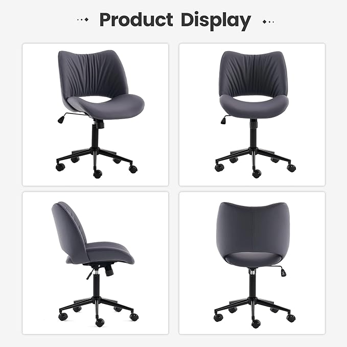 Rowill Armless Office Desk Chair, Ergonomic PU Leather Modern Task Chair with Back Adjustable Height, 360° Swivel Vanity Chairs with Wheels for Small Space, Home Office, Bedroom, Blueberry Purple