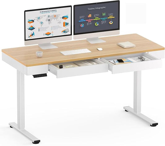 SANODESK Electric Standing Desk with 2 Drawers, 55 x 24 inch Height Adjustable Computer Desk, Home Office Stand Up Desk with 4 Preset Heights, Maple