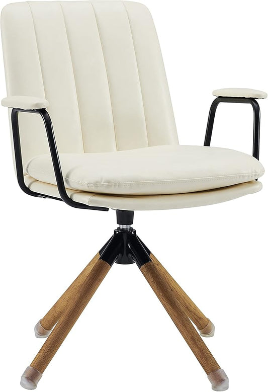 Art Leon Mid Century Modern Chair, Oak Legs Swivel Accent Chair No Wheels, Faux Leather Armchair for Small Spaces Home Office Living Room Bedroom, Off White