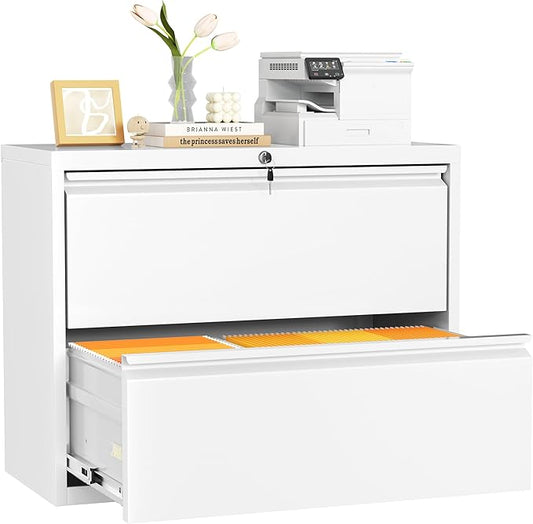INTERGREAT 2 Drawer Lateral File Cabinet, White Office Filing Cabinet with Lock, 28" W Steel Wide Filing Organization Storage Drawers,Horizontal File Cabinets for Home Office,Letter/Legal/F4/A4