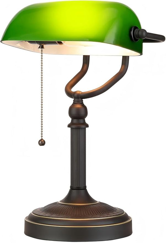 Newrays Antique Green Glass Bankers Desk Lamp with Pull Chain Switch Plug in Fixture