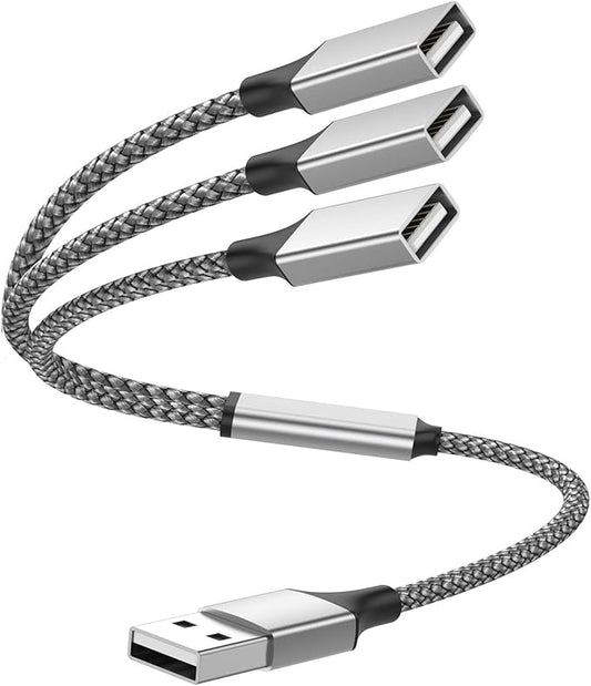 USB Y Splitter 3 in 1, USB A Male to 3 Female Cable for PC/Laptop/MacBook/Keyboard/PS4/PS5/Flash Drive/LED Etc.(Silver)