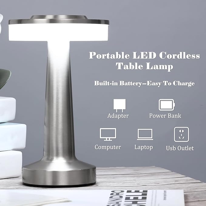 Riakrum Set of 2 LED Portable Cordless Table Lamp with Touch Sensor 3 Color Stepless Dimming Rechargeable Battery up to 15 Hours Cordless Table Light Wireless Lamp for Nursery(Silver,2 Pcs)