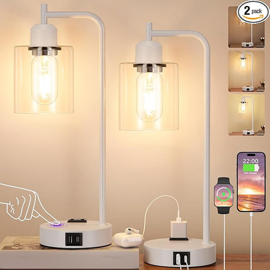 Innqoo Industrial White Table Lamps for Bedrooms Set of 2-3-Way Dimmable Desk Lamp with USB C+A Ports and Outlet, White Lamps with Clear Glass Shade for Living Room