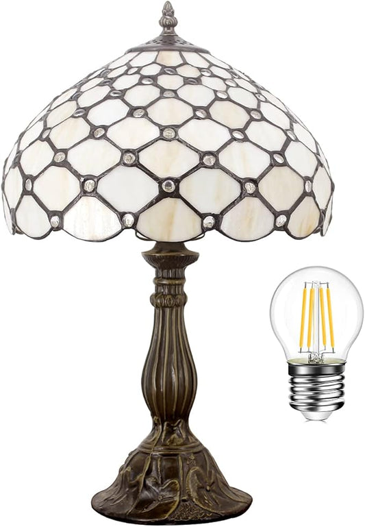 WERFACTORY Tiffany Lamp Cream Amber Stained Glass Bead Table Lamp Desk Bedside Reading Light 12X12X18 Inches Deco Bedroom Living Room Home Office S005 Series