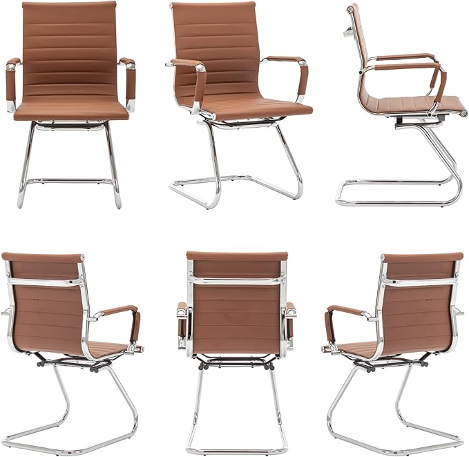 Wahson Office Guest Chairs Set of 6, Leather Reception Chairs, Mid Back Waiting Room Chair, Conference Chairs with Sled Base, Desk Chair No Wheels for Meeting/Lobby/Restroom, Coffee