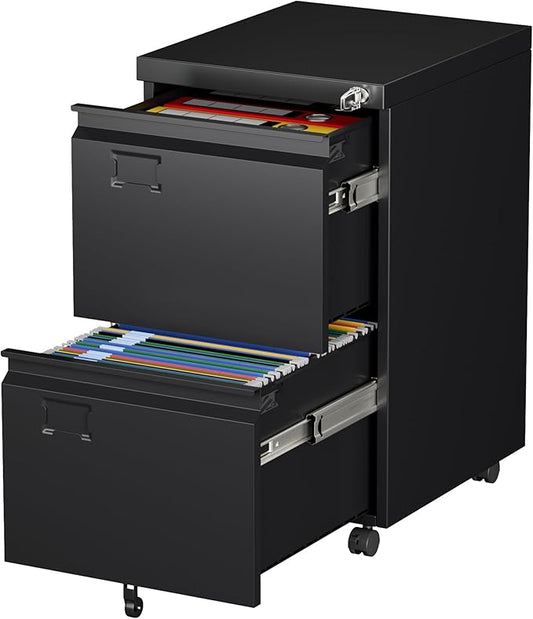 Aobabo 2 Drawer File Cabinet with Wheels, Lockable Metal Filing Cabinet with Business Card Slot for Legal/Letter Size Home Office, Required Assembled,Black