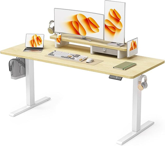 63x24 Inches Electric Standing Desk with Drawer and Monitor Stand, Height Adjustable Sit to Stand up Desk for Home Office, Ergonomic Computer Table with Phone Holder, 3 Hooks, Oak