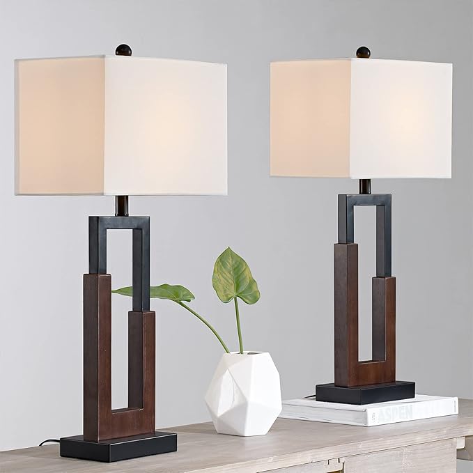 Maxax 30" Farmhouse Table Lamps Set of 2 for Living Room, Modern Black Bedside Lamps with USB & Type-C Port, 3-Way Dimmable Wood Bedroom Lamp with White Rectangular Lampshade for Nightstand