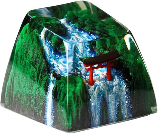 Red Torii Gate Artisan Keycap Japanese Shrine with Summer Waterfall R1 SA Profile Custom Keycaps 1U ESC Handmade Gaming Resin Key Cap Cherry MX Switch Compatible Mechanical Keyboard Japan Lover Gift