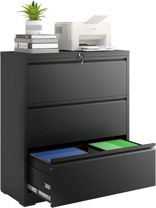 3 Drawer File Cabinet with Lock, Lateral Filing Cabinets,Metal Storage Filing Cabinets for Home Office, Heavy Duty File Cabinet for Letter/Legal/A4/F4 Size Amssebly Required, Black