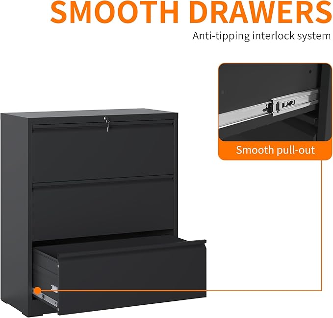 Lateral File Cabinet with 3 Drawer Heavy Duty Large Metal File Cabinets with Lock Home Office Black Filing Cabinets Wide Steel Cabinet for Legal/Letter Size File,Assembly Required