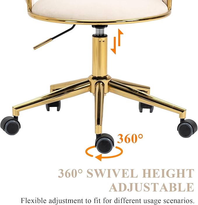 Home Office Chair with Hand Woven, Velvet Upholstered Desk Chair with Open Back, 360° Swivel & Height Adjustable Task Chair, Ergonomic Office Chair with Gold Base (Ivory)