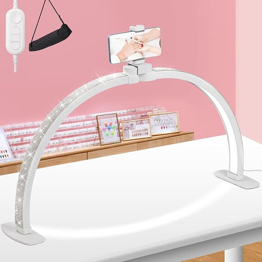 Upgraded Half Moon Light with Phone Holder, 29in Foldable Half Moon Light for Nail Desk, Nail Table Lamp with Stepless Dimming & Color Temperature (Large-29In)